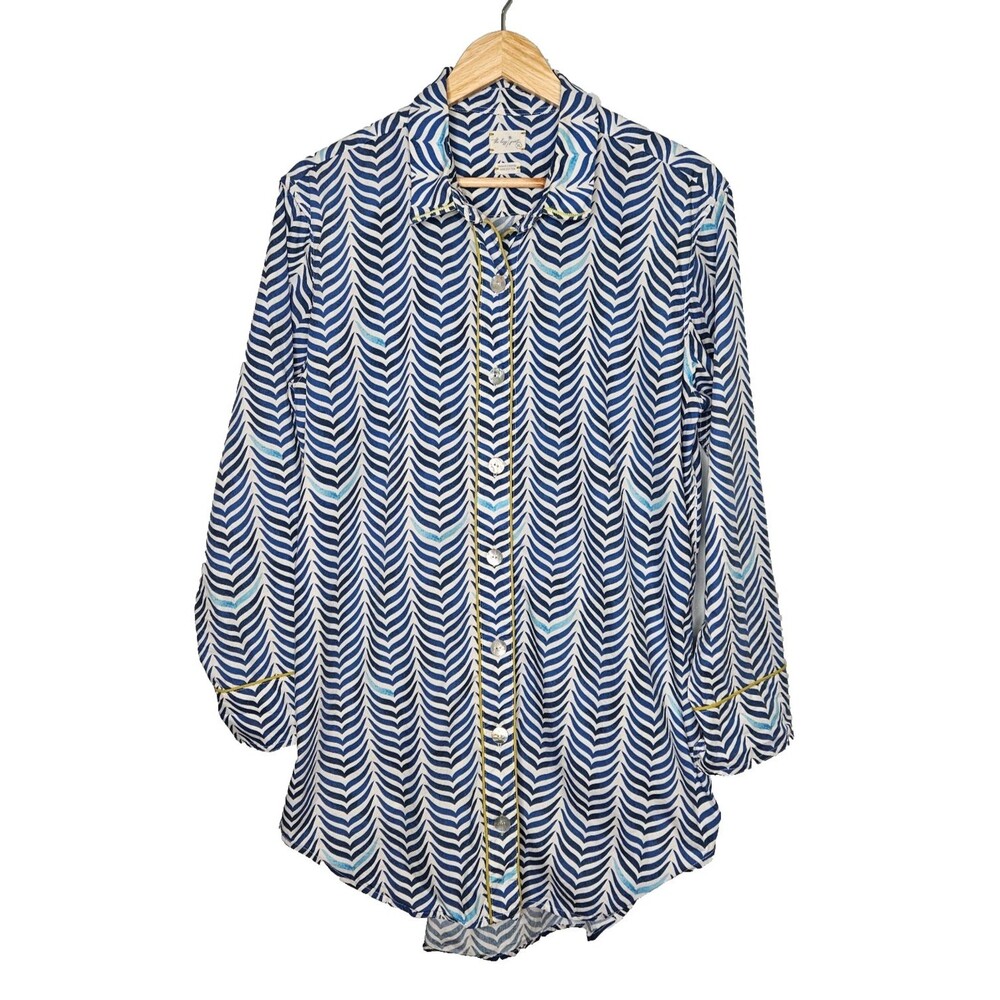 THE LAZY POET Boyfriend Sleep Shirt XL Sissy Ocean Print Button Up 100% Cotton